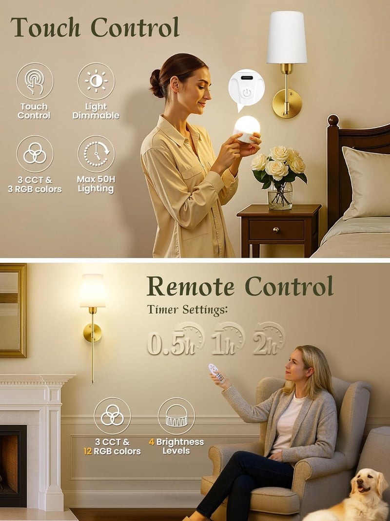 SyncGlow Battery Operated Wall Sconces Set of 2, Bronze Wireless Wall Lights with Rechargeable Magnetic Bulbs and Remote, Dimmable & 15 RGB Colors Wall Lamps for Bedroom Living Room Hallway 23Inch - Image 2